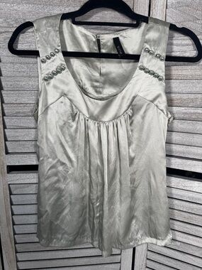 Sine 100% Silk Sage Green Satin Sleeveless Blouse Pearl Accent Top Size S